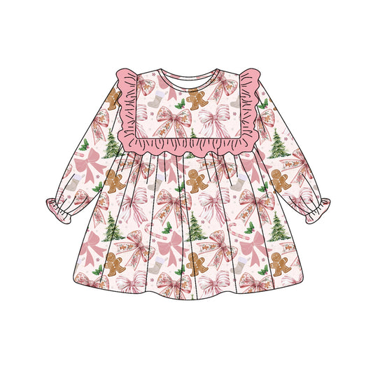 preorder GLD1176 Christmas bows tree candy cane gingerbread man holly berry pink long sleeve girls dress