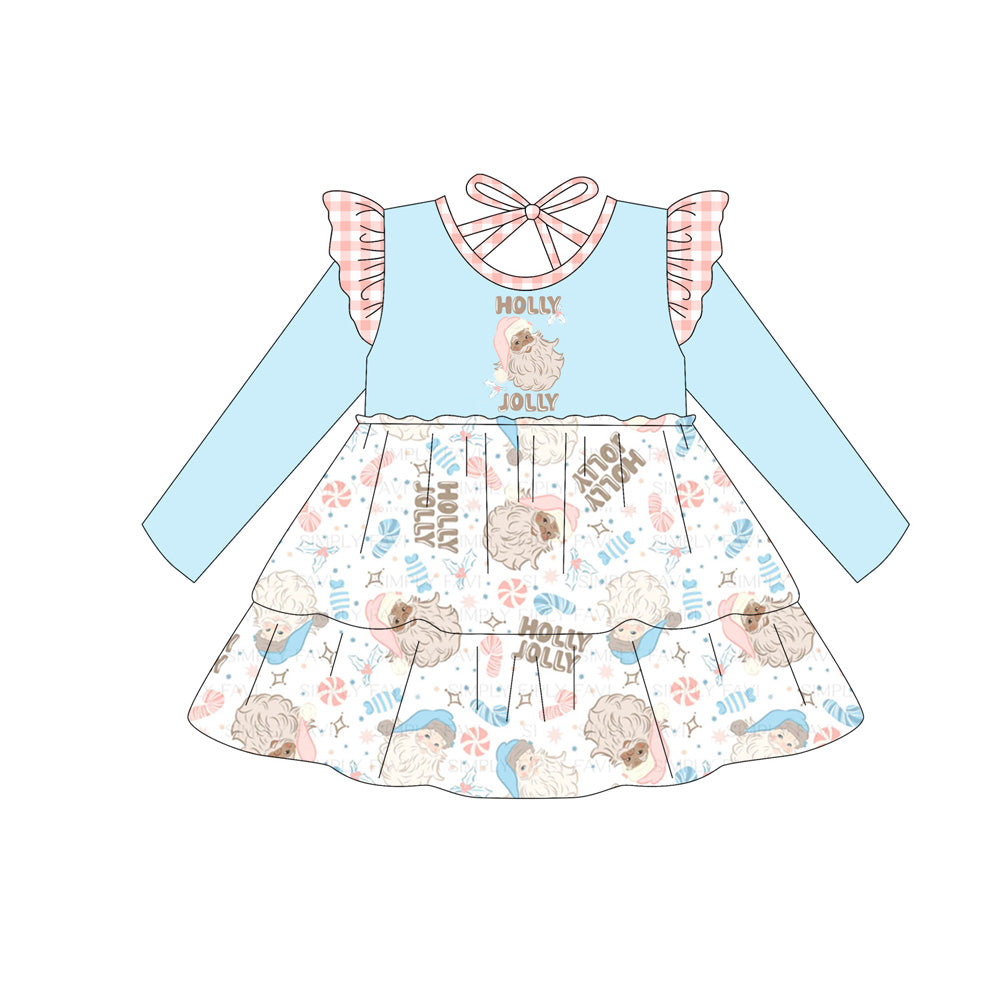 preorder GLD1177 Christmas Santa holly jolly blue long sleeve girls dress