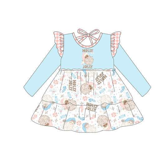 preorder GLD1177 Christmas Santa holly jolly blue long sleeve girls dress