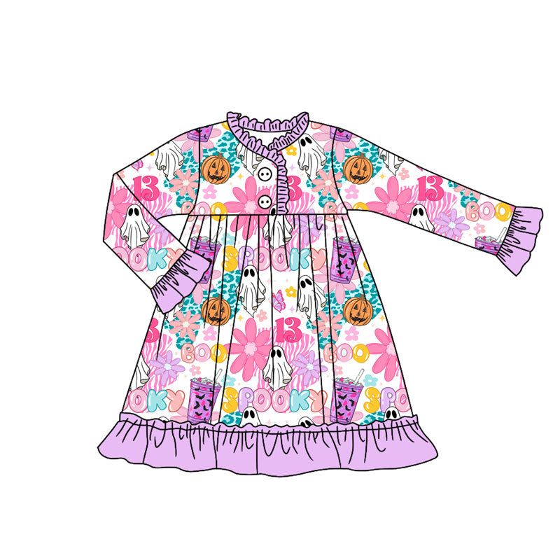 preorder GLD1181 Halloween spooky flowers purple long sleeve girls dress