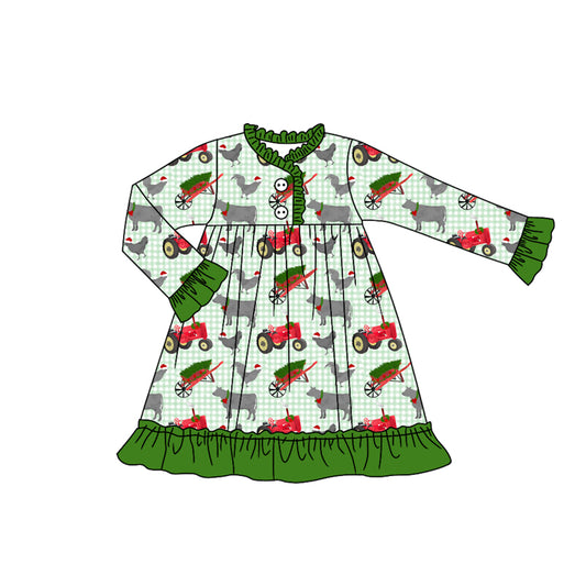 preorder GLD1182 Christmas tractor animals green checkered long sleeve girls dress