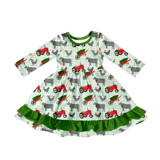 preorder GLD1183 Christmas tractor animals green checkered long sleeve girls dress