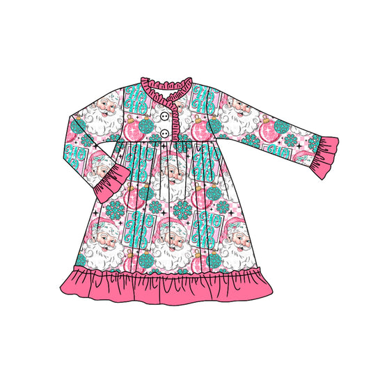 preorder GLD1184 Christmas Santa HO HO HO snow pink long sleeve girls dess