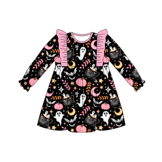 preorder GLD1186 Halloween spooky pumpkin pink black long sleeve girls dress