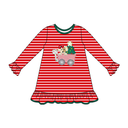 preorder GLD1194 Christmas tree dog truck red striped long sleeve girls dress