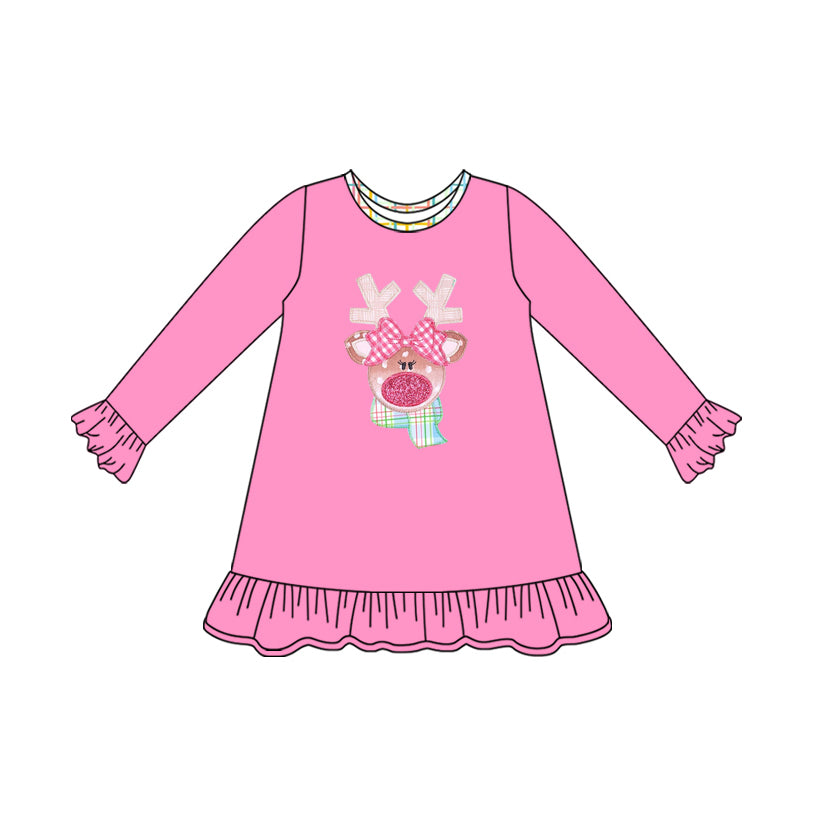 preorder GLD1199 Christmas deer hot pink long sleeve girls dress