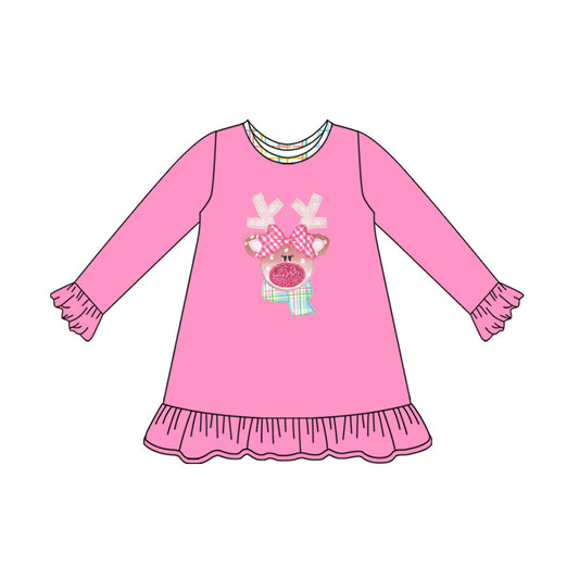 preorder GLD1199 Christmas deer hot pink long sleeve girls dress