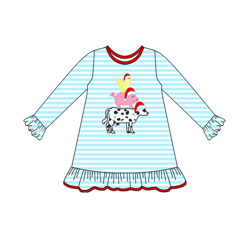 preorder GLD1200 Christmas hat animals chick pig dog blue striped long sleeve girls dress