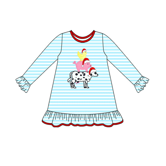 preorder GLD1200 Christmas hat animals chick pig dog blue striped long sleeve girls dress
