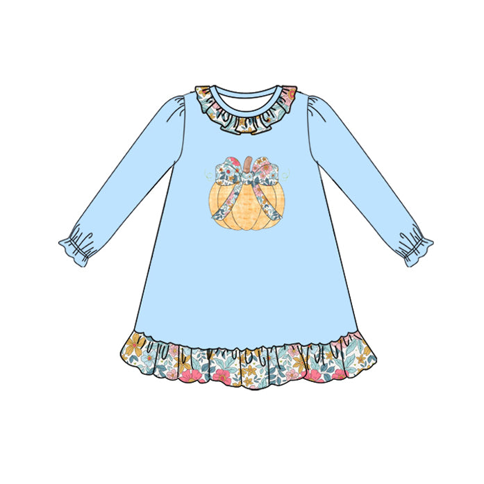 preorder GLD1206 Autumn pumpkin flowers blue long sleeve girls dress