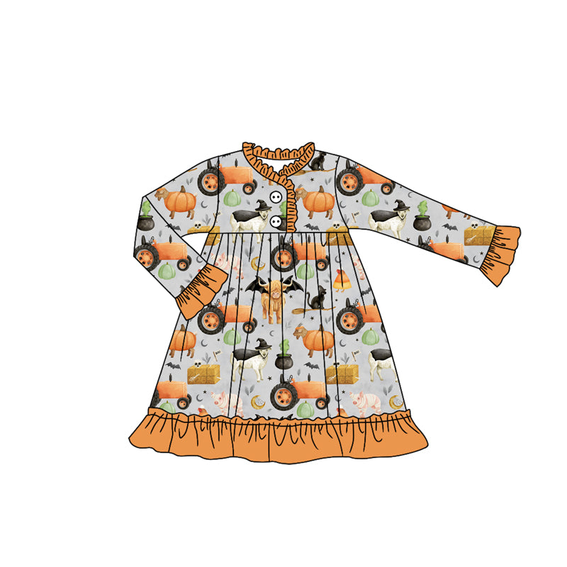 preorder GLD1208 Halloween pumpkin tractor cow animals orange long sleeve girls dress