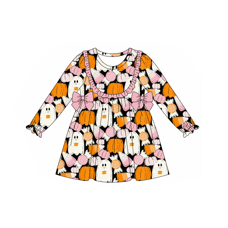 preorder GLD1209 Halloween spooky pumpkin bows pink long sleeve girls dress