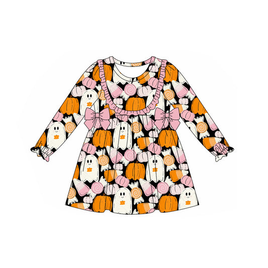 preorder GLD1209 Halloween spooky pumpkin bows pink long sleeve girls dress