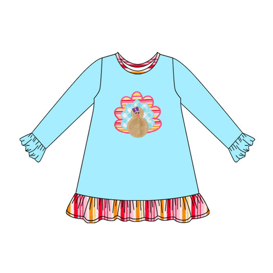 preorder GLD1212 Thanksgiving turkey blue long sleebe girls dress