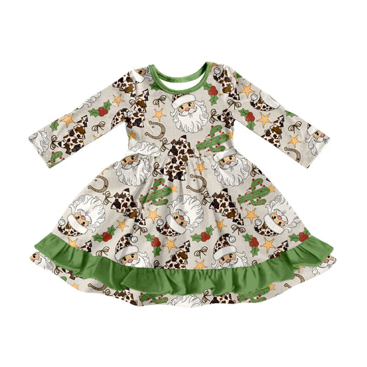 preorder GLD1213 Western Christmas cactus Santa holly berry green long sleeve girls dress
