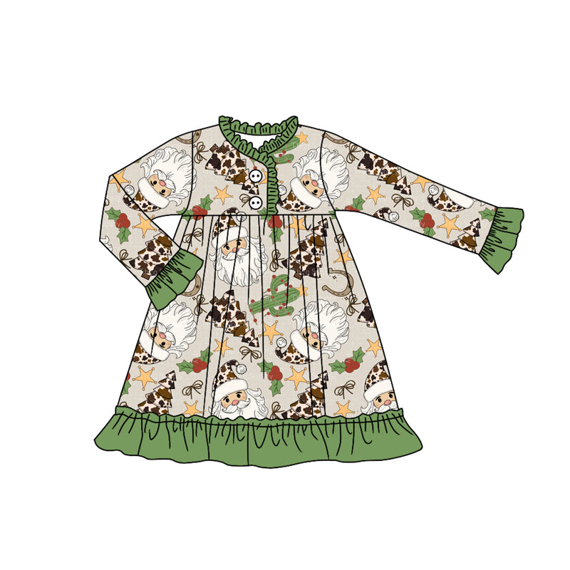preorder GLD1214 Western Christmas cactus Santa holly berry green long sleeve girls dress