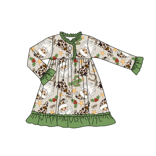 preorder GLD1214 Western Christmas cactus Santa holly berry green long sleeve girls dress