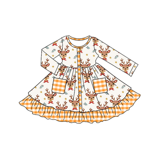 preorder GLD1215 Christmas deer pockets orange long sleeve girls dress