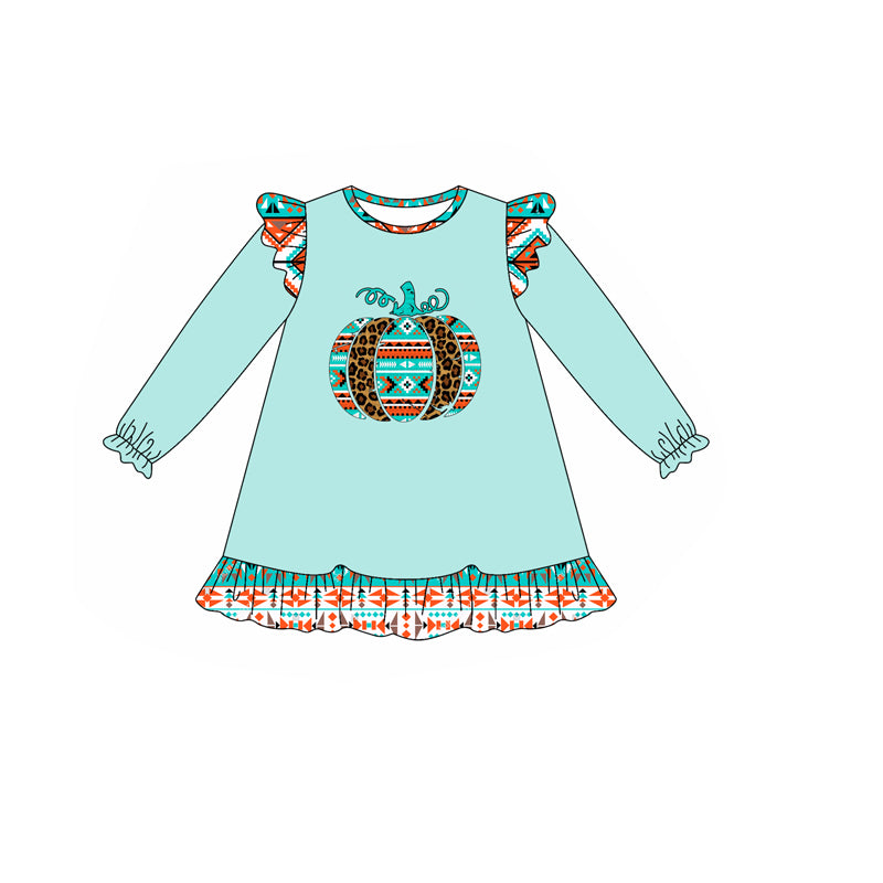 preorder GLD1216 Western pumpkin aztec blue long sleeve girls dress