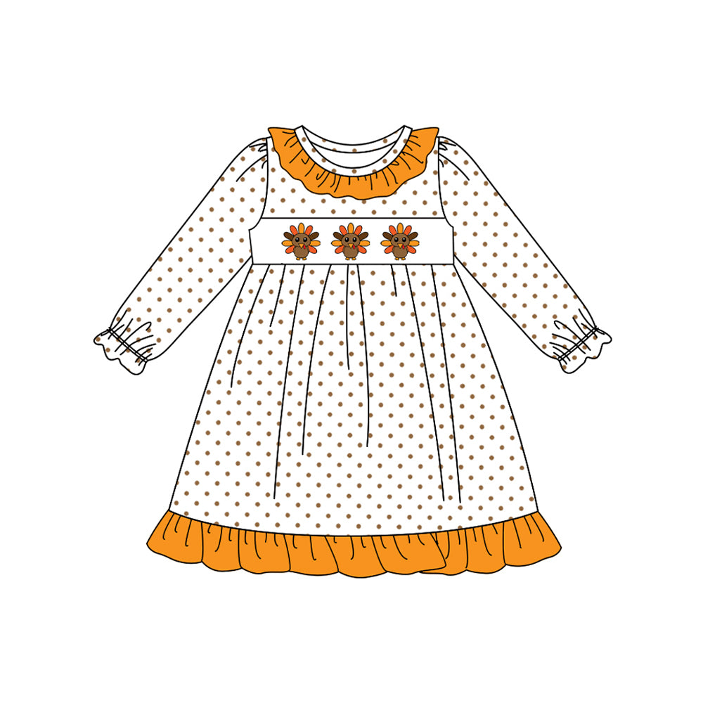 preorder GLD1218 Thanksgiving turkey orange dot long sleeve girls dress
