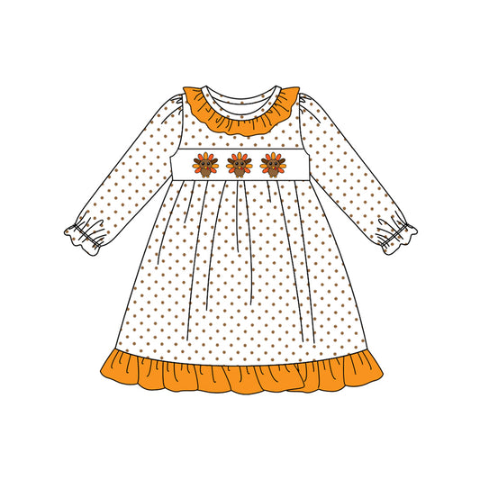 preorder GLD1218 Thanksgiving turkey orange dot long sleeve girls dress