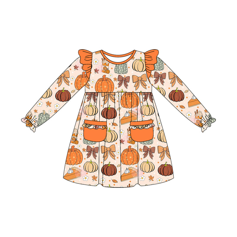 preorder GLD1221 Autumn pumpkin bows pockets orange long sleeve girls dress