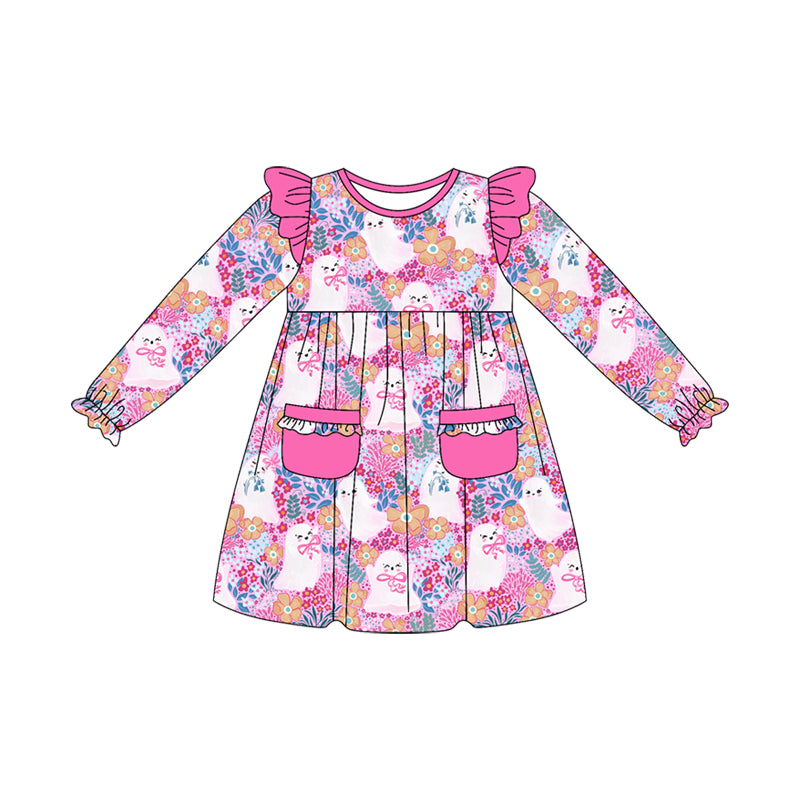 preorder GLD1222 Halloween spooky flowers hot pink pockets long sleeve girls dress