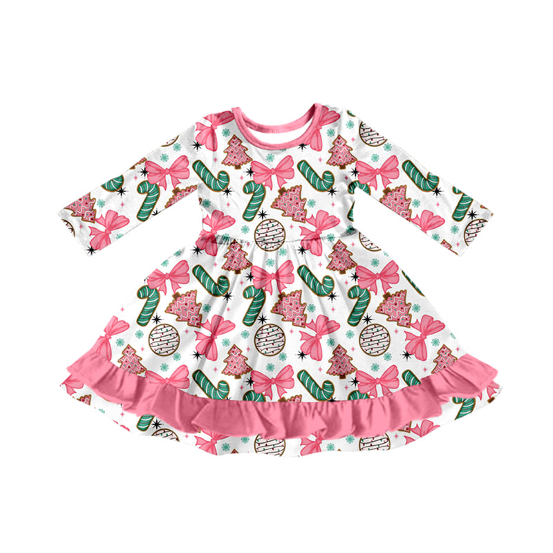 preorder GLD1228 Christmas cane candy bows tree pink long sleeve girls dress