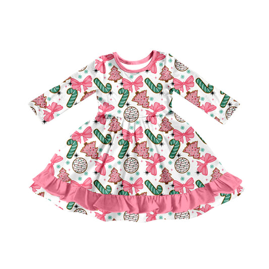 preorder GLD1228 Christmas cane candy bows tree pink long sleeve girls dress
