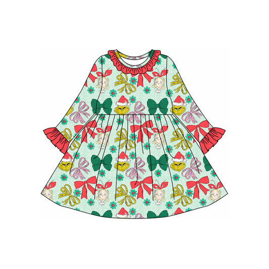 preorder GLD1240 Christmas green face bows green long sleeve girls dress