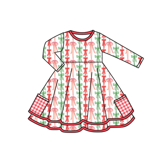preorder GLD1241 Christmas green red bows pockets long sleeve girls dress