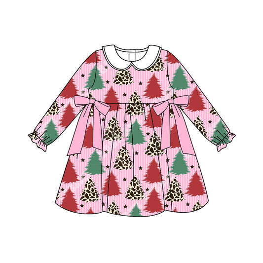 preorder GLD1242 Christmas green red tree bows pink long sleeve girls dress