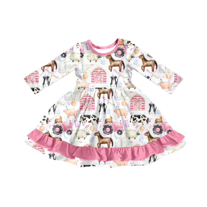 preorder GLD1243 Farm house horse animals pink long sleeve girls dress
