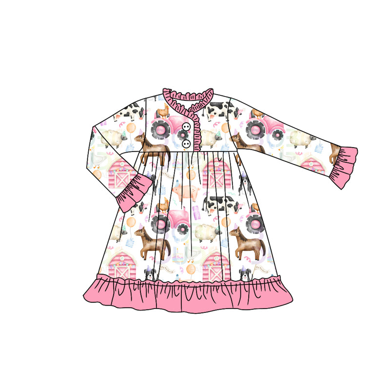 preorder GLD1244 Farm house horse animals pink long sleeve girls dress