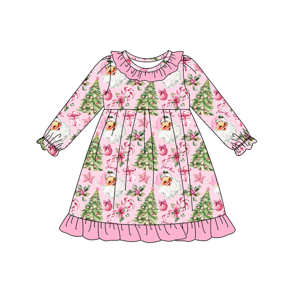 preorder GLD1245 Christmas Santa cane candy tree long sleeve girls dress