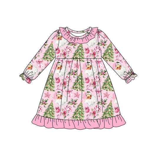 preorder GLD1245 Christmas Santa cane candy tree long sleeve girls dress