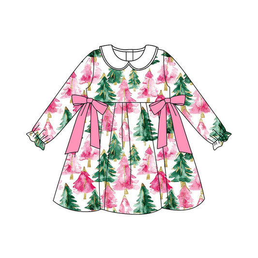 preorder GLD1246 Christmas green pink tree bows long sleeve girls dress