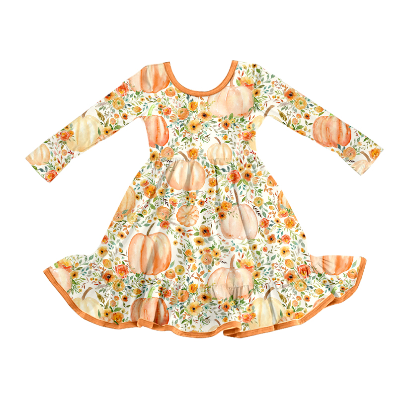 preorder GLD1248 Autumn pumpkin flowers orange long sleeve girls dress