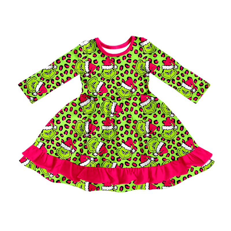 preorder GLD1253 Christmas green face leopard hot pink long sleeve girls dress