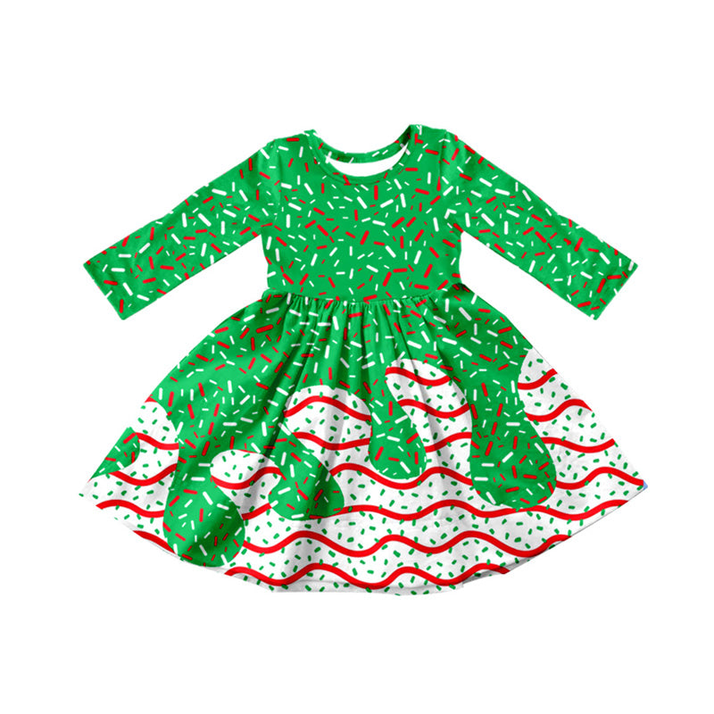 preorder GLD1260 Christmas green dot red striped long sleeve girls dress