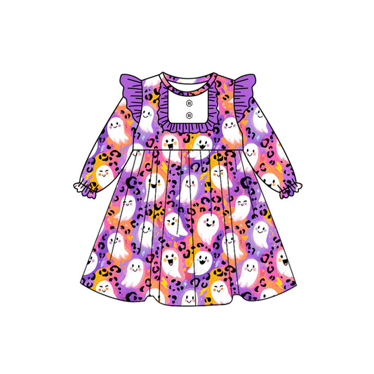preorder GLD1265 Halloween spooky leopard purple long sleeve girls dress