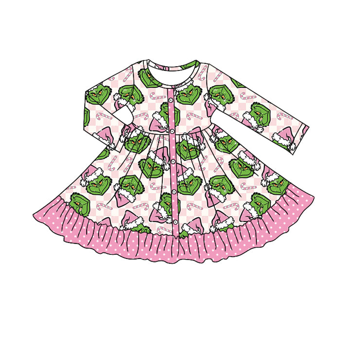 preorder GLD1273 Christmas green face cane candy long sleeve girls dress