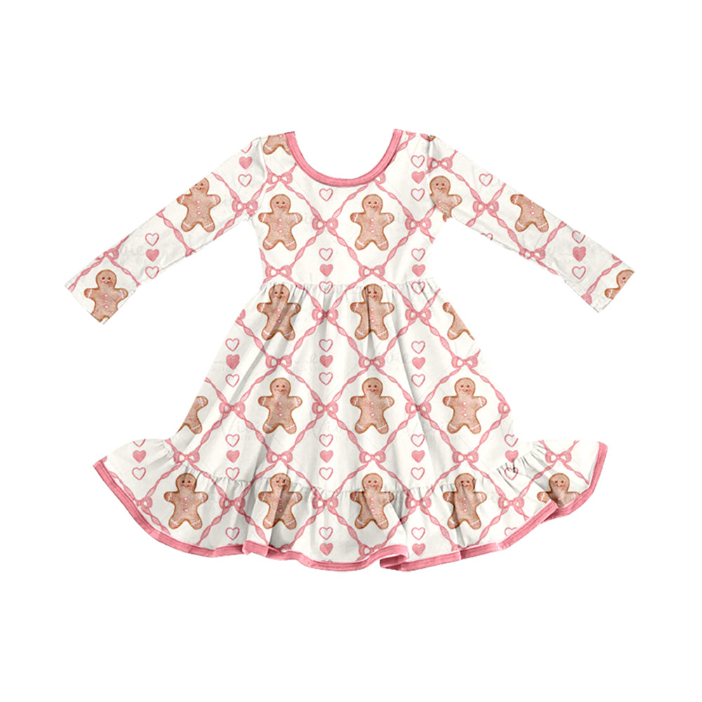 preorder GLD1278 Christmas gingerbread man pink bows heart long sleeve girls dress