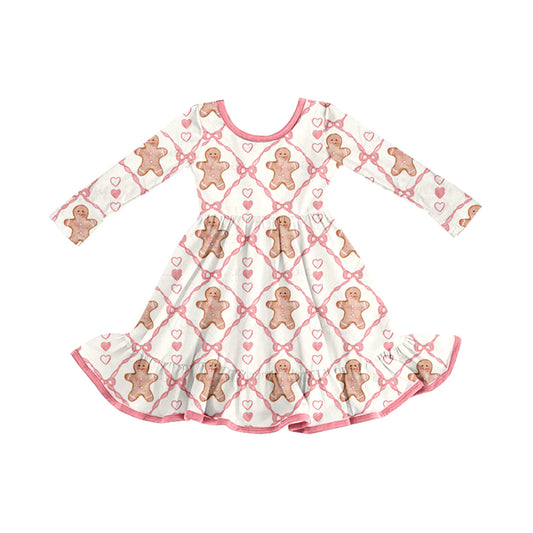 preorder GLD1278 Christmas gingerbread man pink bows heart long sleeve girls dress