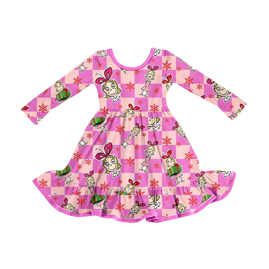 preorder GLD1281 Christmas girl hot pink checkered long sleeve girls dress