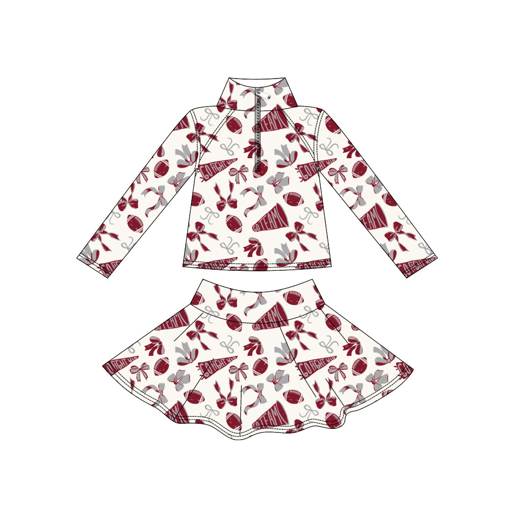 preorder GLD1284 football maroon bows zipper long sleeve skort skirt girls set