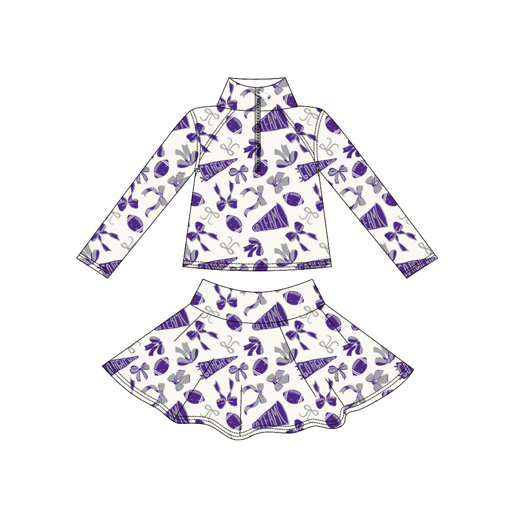 preorder GLD1287 football purple bows zipper long sleeve skort skirt girls set