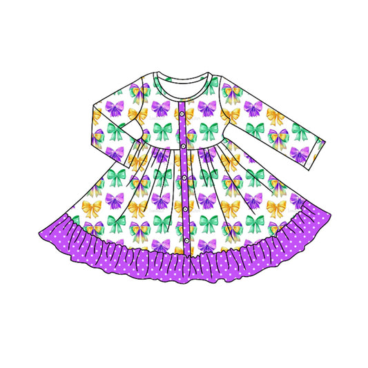 preorder GLD1292 Mardi Gras purple green yellow bows long sleeve girls dress
