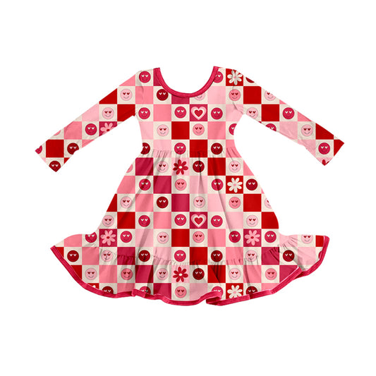 preorder GLD1297 Valentine's Day red/hot pink smile heart checkered long sleeve girls dress