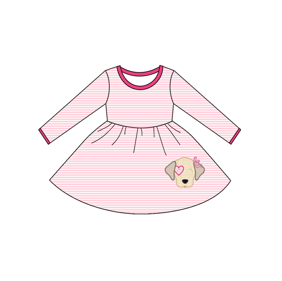 preorder GLD1298 Valentine's Day heart dog pink striped long sleeve girls dress